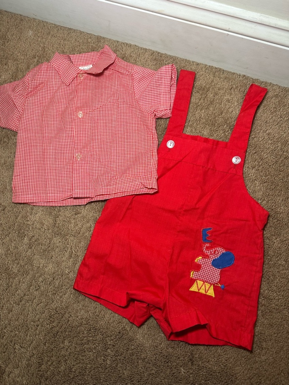 Vintage Cuties By Judy Baby 2 Piece Outfit Overall Red Checkers Elephant 18 Mo